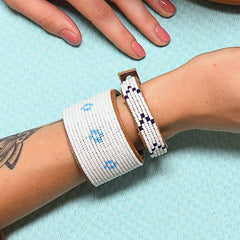Beaded Leather Cuff Bracelets- Indigo + White