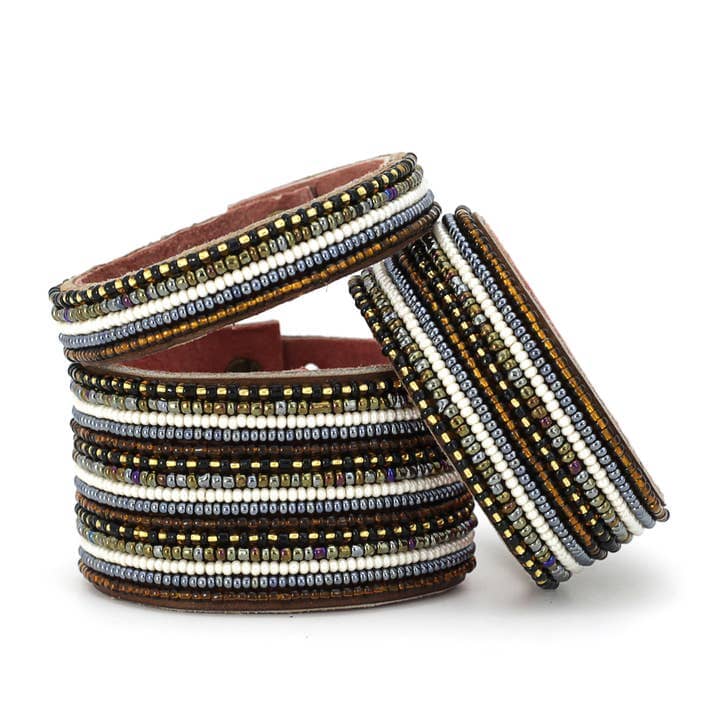 Beaded Leather Cuff Bracelets- Neutral Stripe