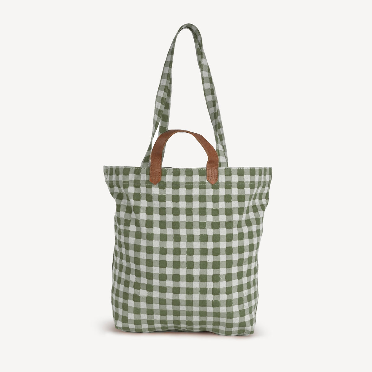 Carryall Block Print Tote- Olive Gingham