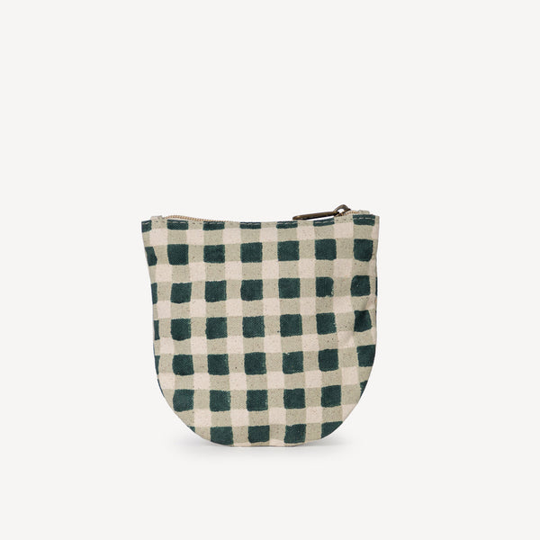 Small pouch with green and beige checkered pattern on a white background