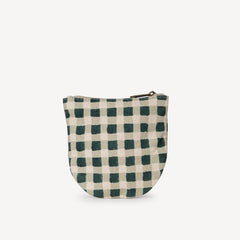 Small pouch with green and beige checkered pattern on a white background
