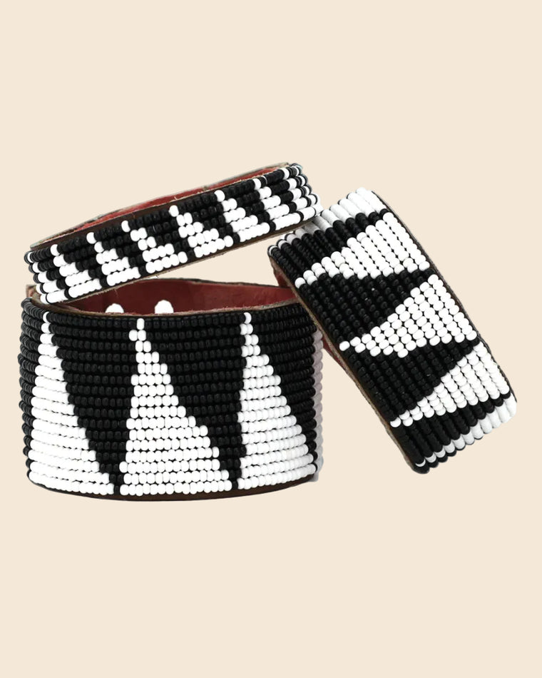 Triangle Beaded Leather Cuffs- Black + White