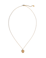 A delicate gold chain necklace with a small, textured gold pendant featuring a bird
