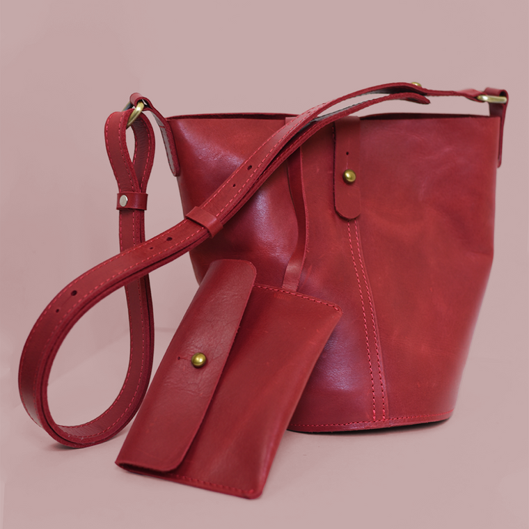 Bucket Bag in Cherry Red Leather- COMING SOON