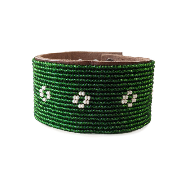 Dark Green Beaded Leather Cuff