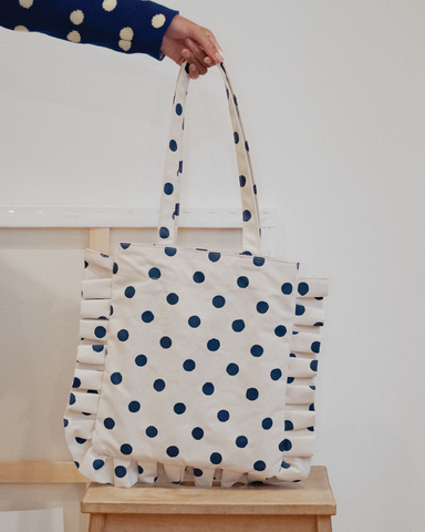 Momo Ruffle Tote- Indigo Dot