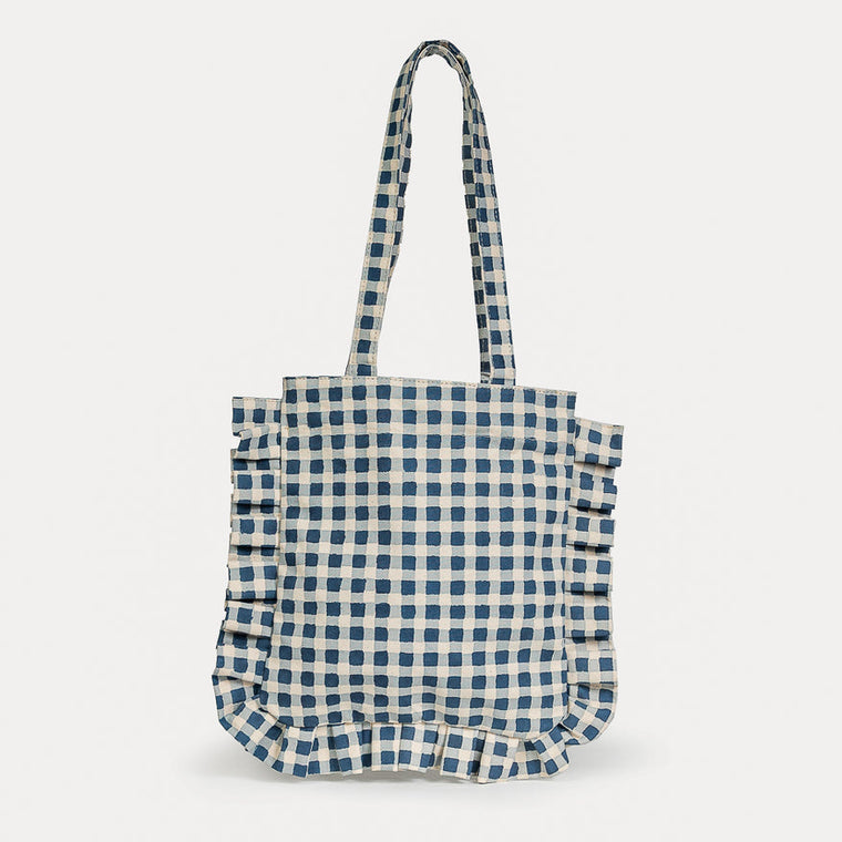 Momo Ruffle Tote- Indigo Gingham