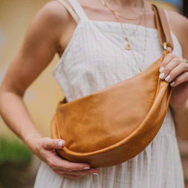 Leather Moon Sling Bag- Camel