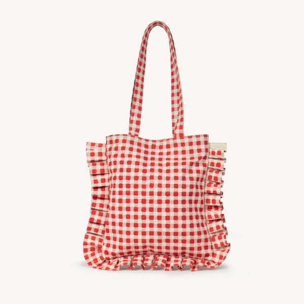 red gingham tote bag