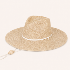 Beige straw hat with a white band on a light pink background