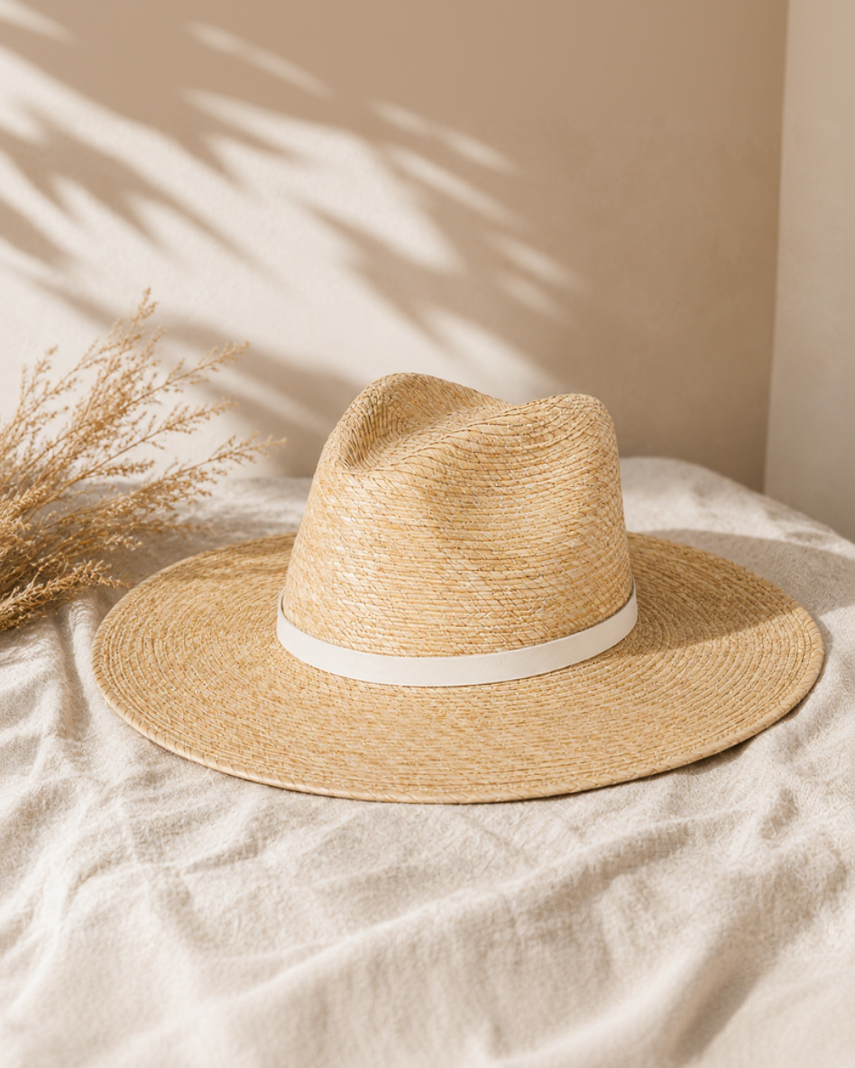 Beige straw hat with a white band on a beige surface with dried plants.