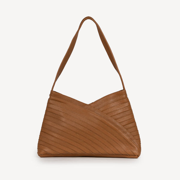 Brown handbag with a textured pattern on a white background