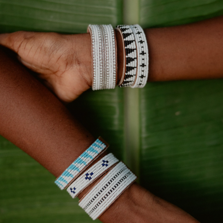 Beaded Leather Cuffs- Black + White Stars