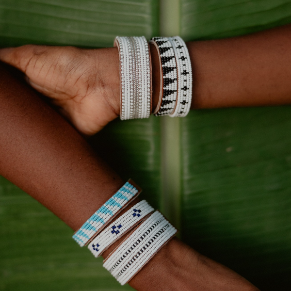 Gold + Pearl Beaded Leather Cuff