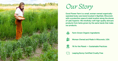 Woman in a field with text about Good Flower Farm's story and values.