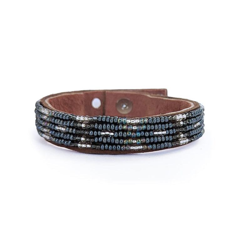 Silver + Slate Beaded Leather Cuff