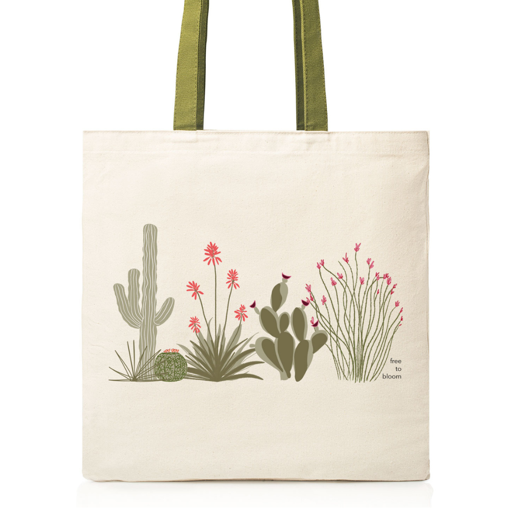 Tote bag with cactus and succulent design on a white background