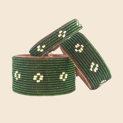 Dark Green Beaded Leather Cuff