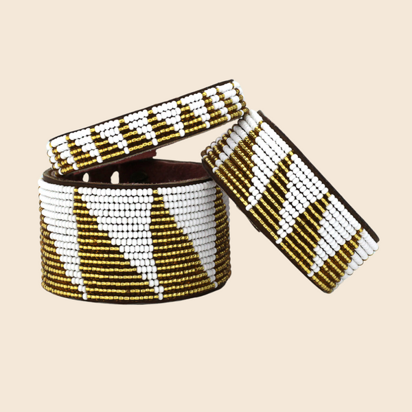 Triangle Beaded Leather Cuff- Gold