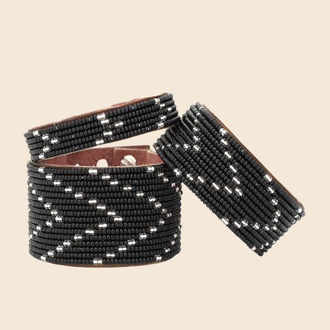 Beaded Leather Cuffs- Black + Silver