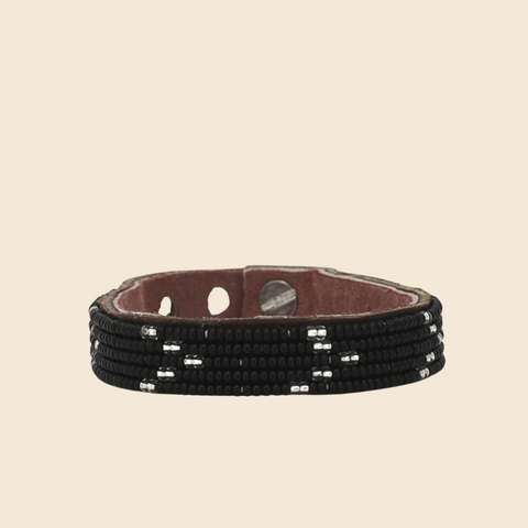 Beaded Leather Cuffs- Black + Silver