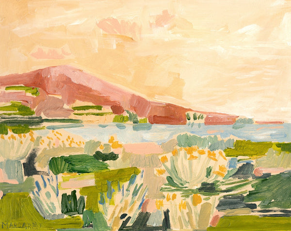 An impressionistic landscape painting featuring a warm peach and cream sky, a reddish-brown hillside, blue water, and green and white foreground vegetation.