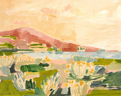 An impressionistic landscape painting featuring a warm peach and cream sky, a reddish-brown hillside, blue water, and green and white foreground vegetation.