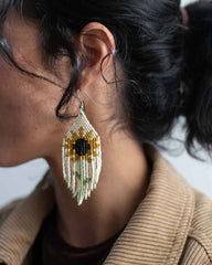 Close-up of a person wearing a sunflower-themed beaded earring.