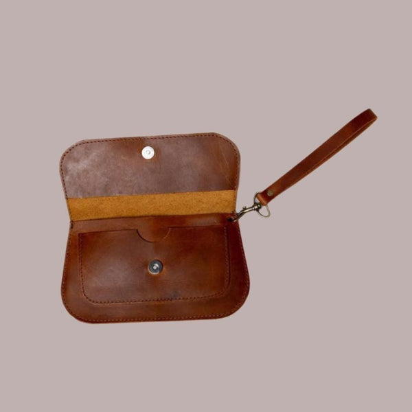 Leather Wristlet Wallet- Cognac