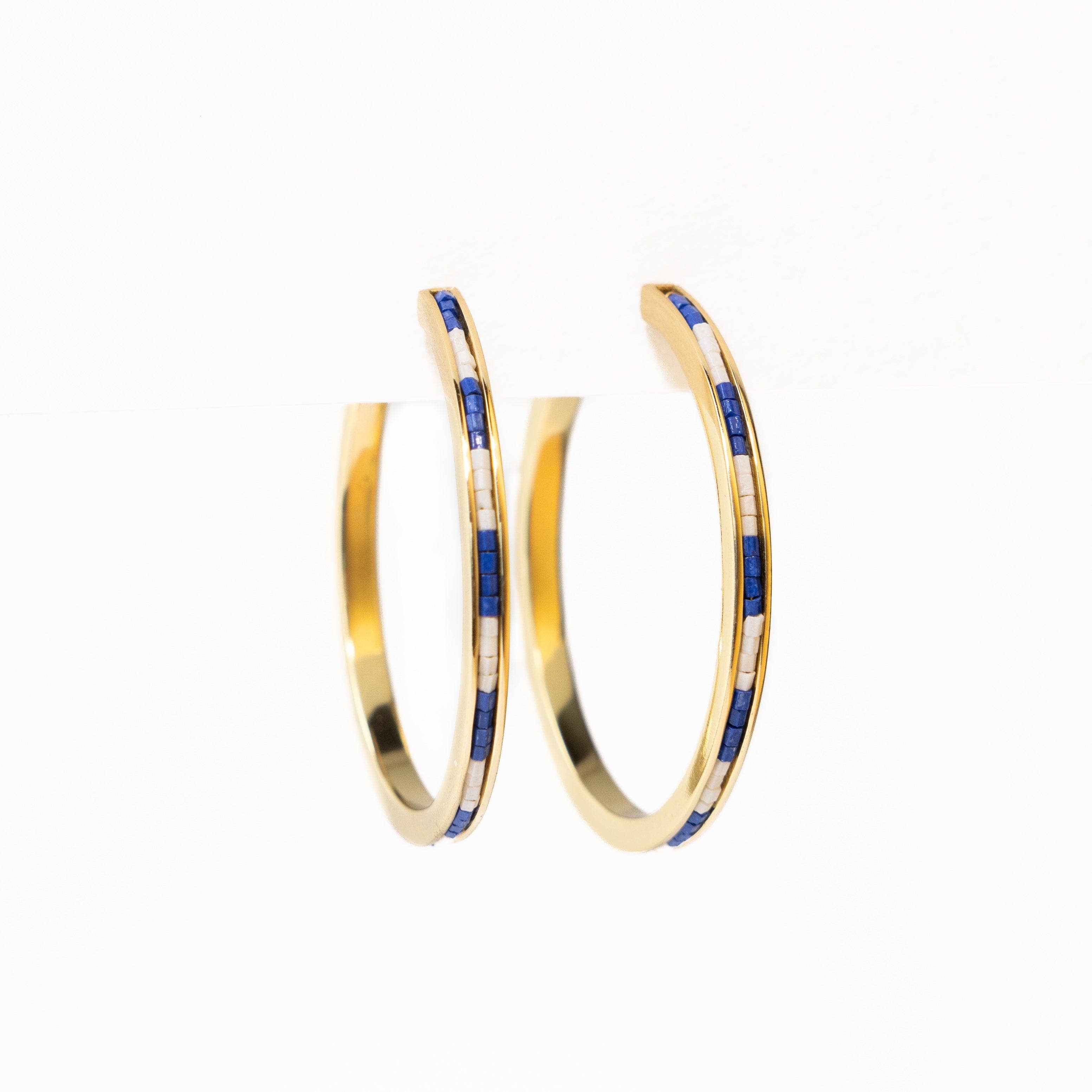 Lulu Beaded Hoop Earring- Navy + White