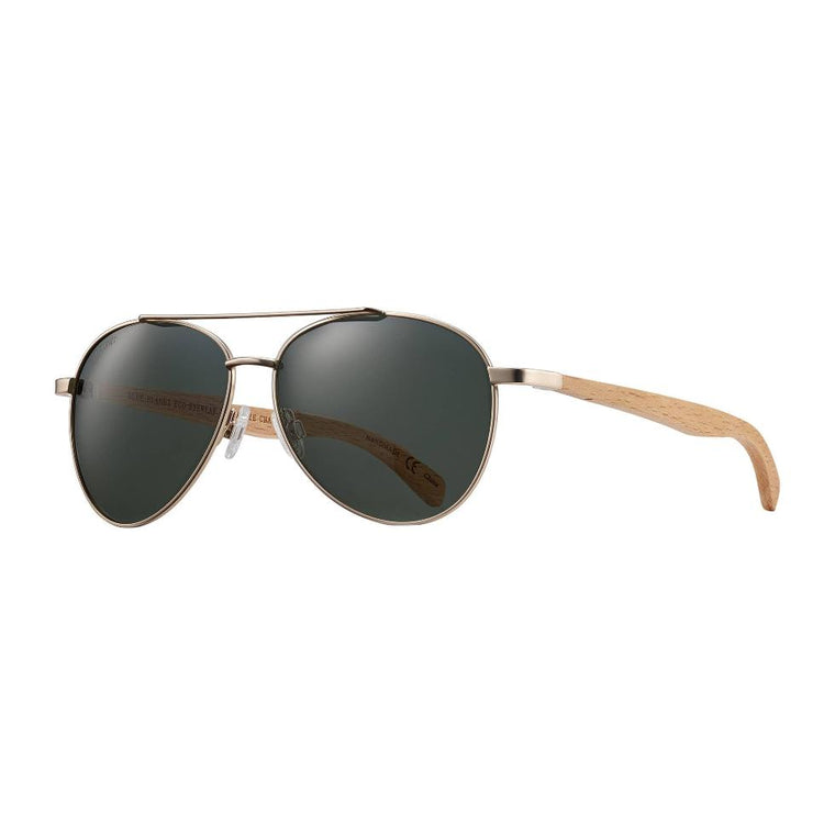 Matte Gold Beechwood + Grey Green Polarized Lens