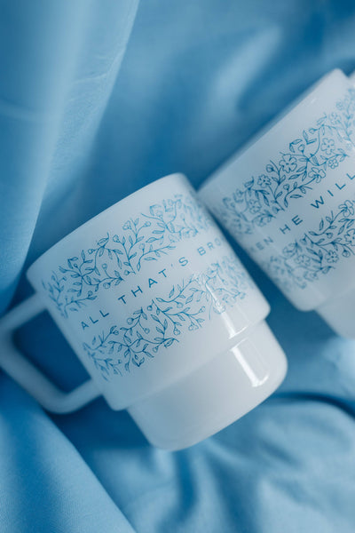 All That's Broken, He Will Mend- Milk Glass Mug