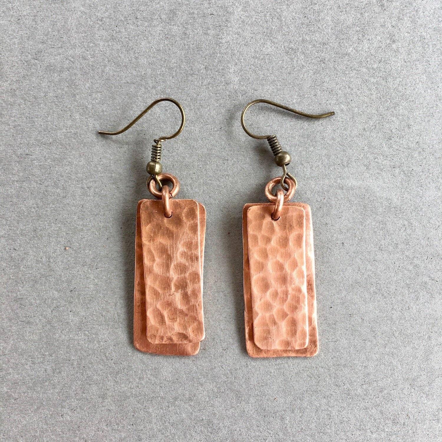 Layered Hammered Copper Rectangle Earrings