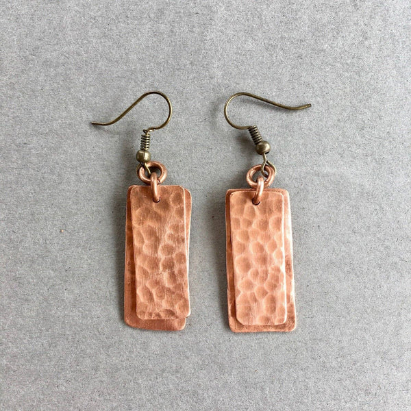 Layered Hammered Copper Rectangle Earrings