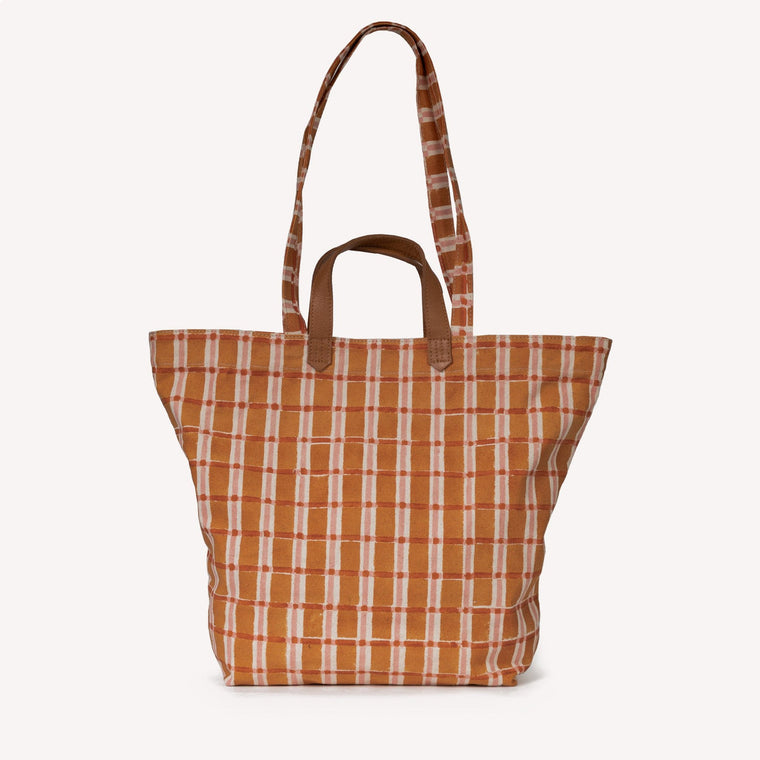 Block Print Carryall Tote- Ember Plaid