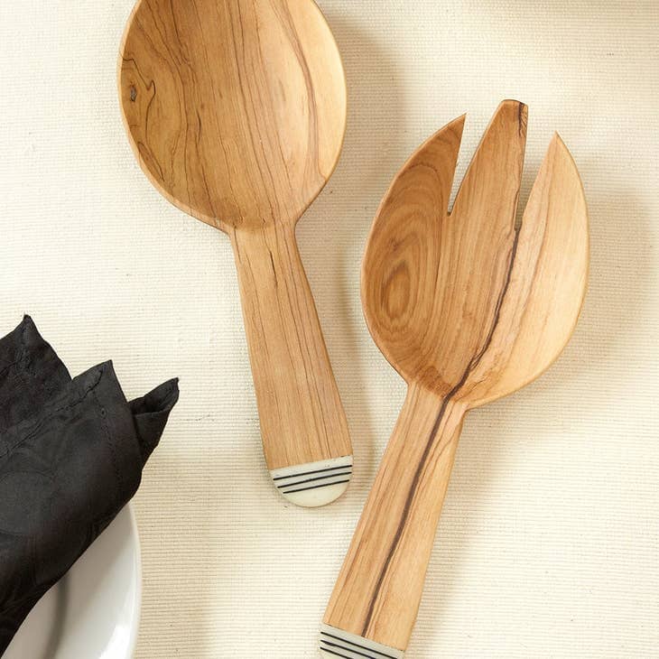 Olive Wood Kenyan Server Set