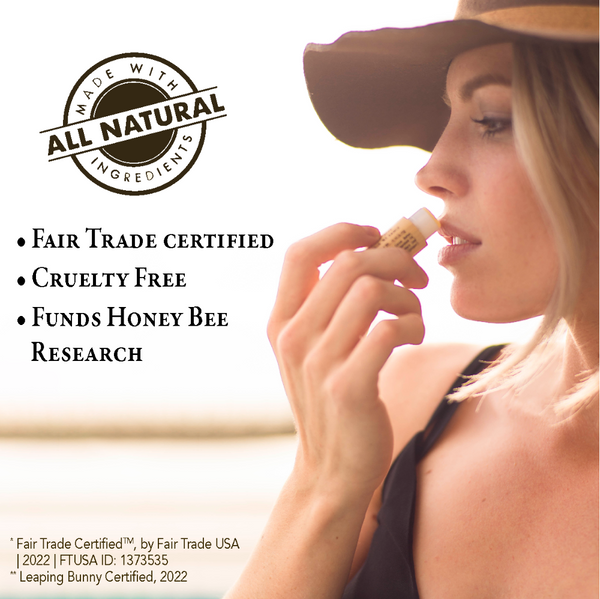 Woman applying lip balm with 'All Natural' and certification text overlay