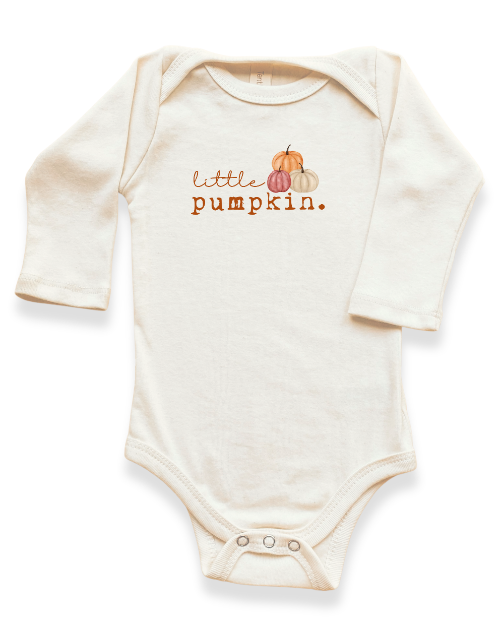An off-white long-sleeve baby bodysuit with a graphic on the chest that reads 'little pumpkin.' in brown lettering, accompanied by small illustrations of orange, yellow, and pink pumpkins.
