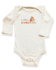 An off-white long-sleeve baby bodysuit with a graphic on the chest that reads 'little pumpkin.' in brown lettering, accompanied by small illustrations of orange, yellow, and pink pumpkins.