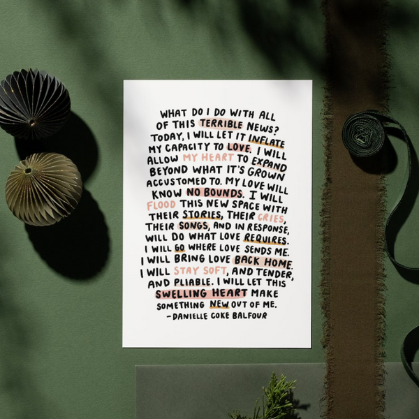 Textual artwork on a white paper against a green background with decorative elements.