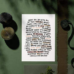 Textual artwork on a white paper against a green background with decorative elements.
