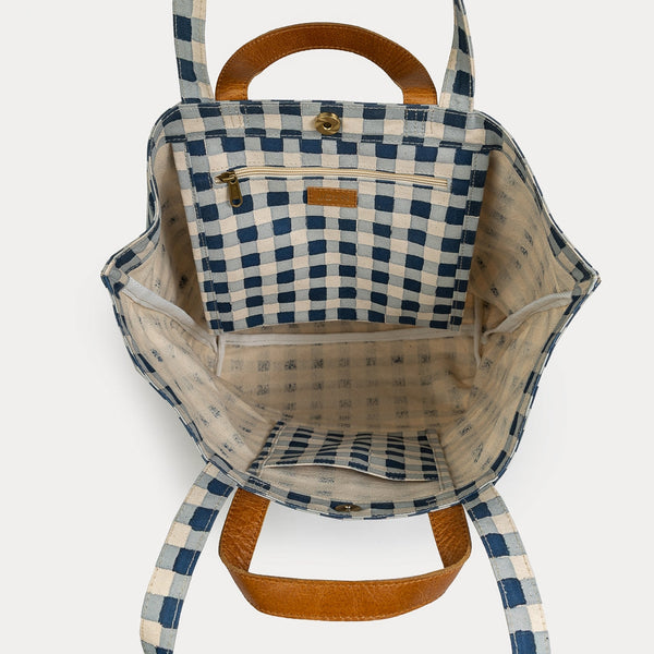 Carryall Block Print Tote- Indigo Gingham