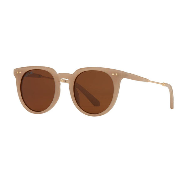 Beige sunglasses with brown lenses on a white background