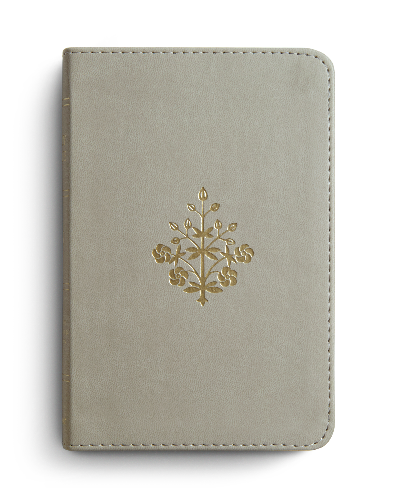 Light gray leather notebook with gold embossed design on a white background