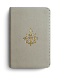 Light gray leather notebook with gold embossed design on a white background