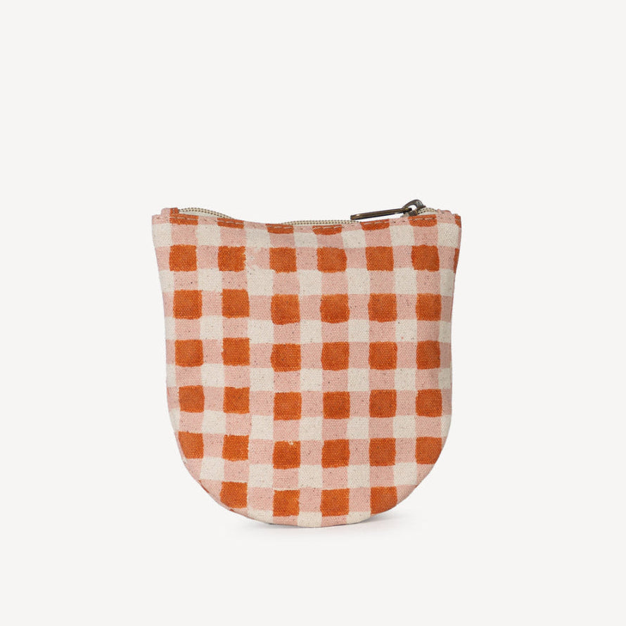 Small pouch with orange and white checkered pattern on a white background