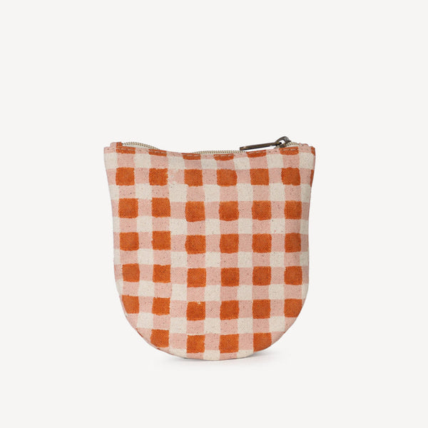 Small pouch with orange and white checkered pattern on a white background