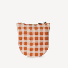 Small pouch with orange and white checkered pattern on a white background