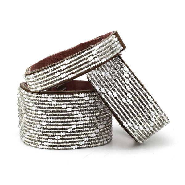Beaded Leather Cuff Bracelets- Silver
