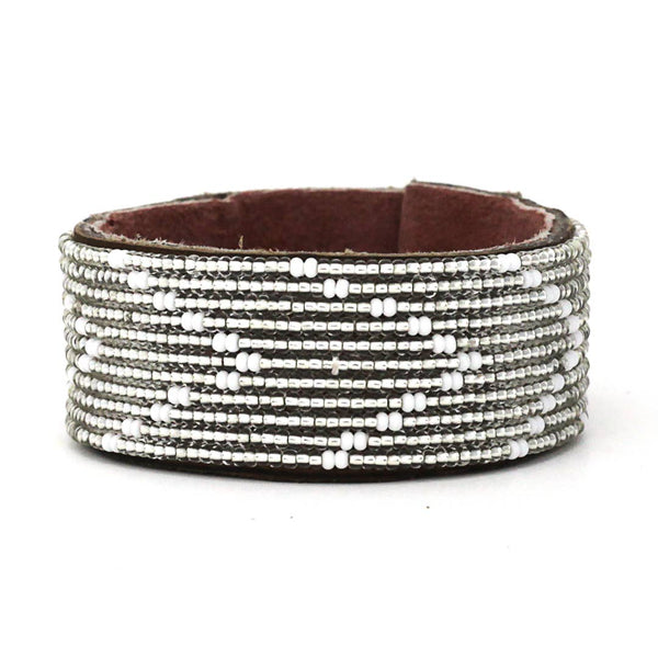 Beaded Leather Cuff Bracelets- Silver